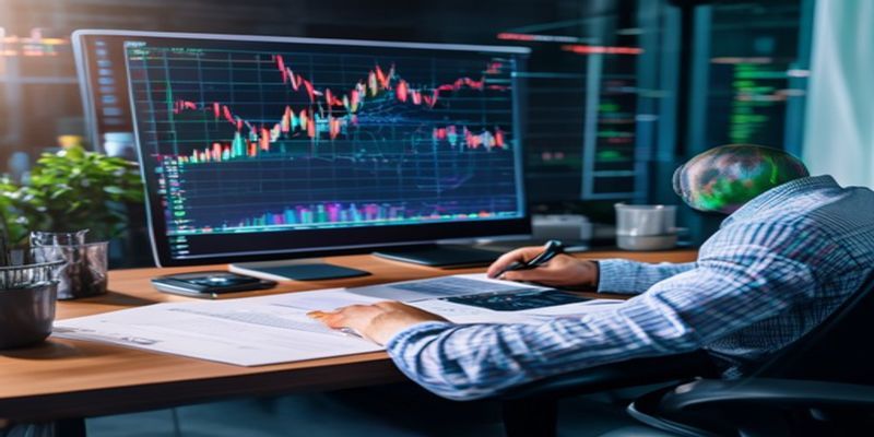 trader reviewing tax documents and charts on a desk